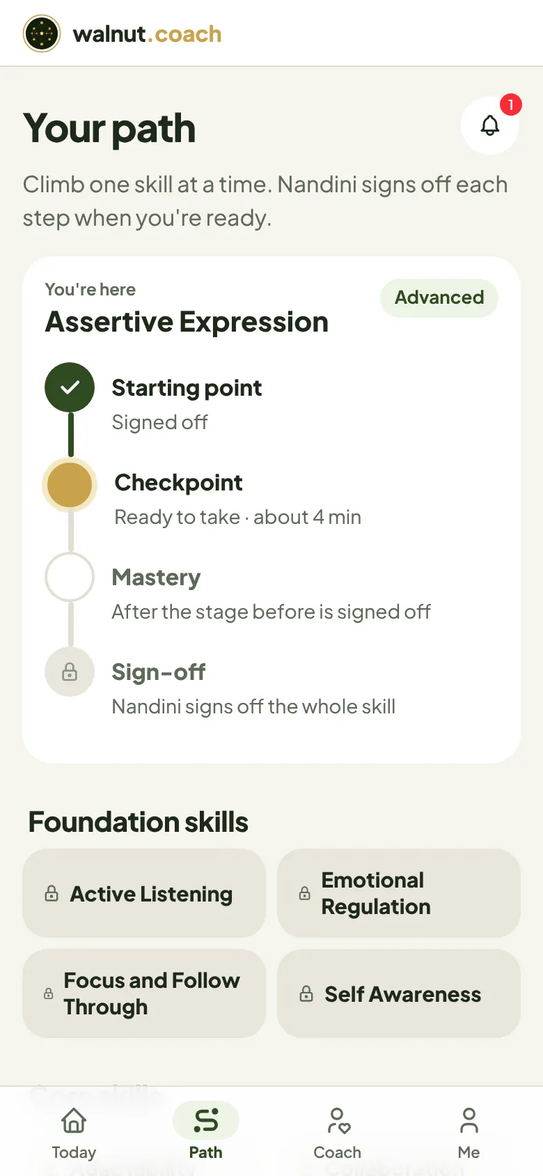 The skill path: Starting point, Checkpoint, Mastery, Sign-off
