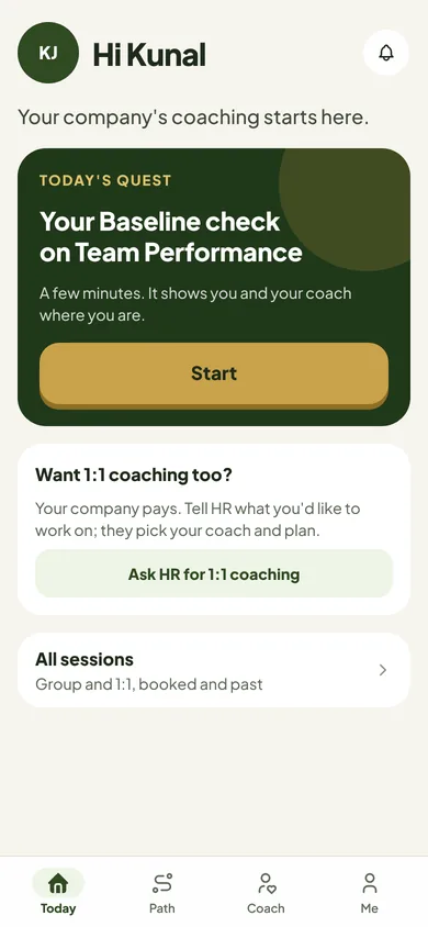 An employee's Today with their Team Performance Building check waiting