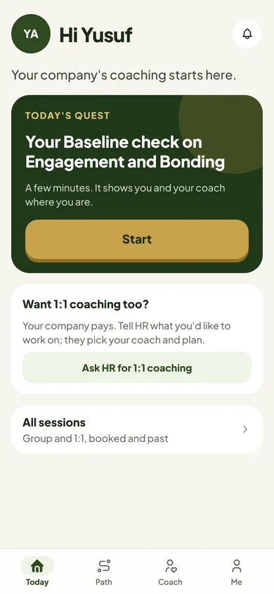 An employee's Today with their Team Engagement & Bonding check waiting