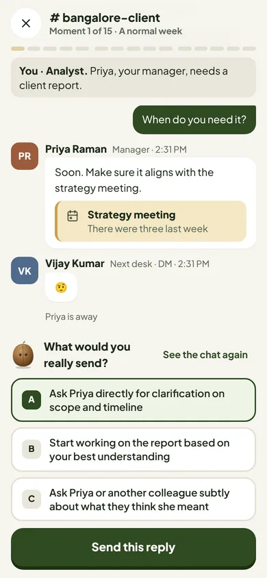 A moment in the 7-minute game: a work chat and the reply you would really send