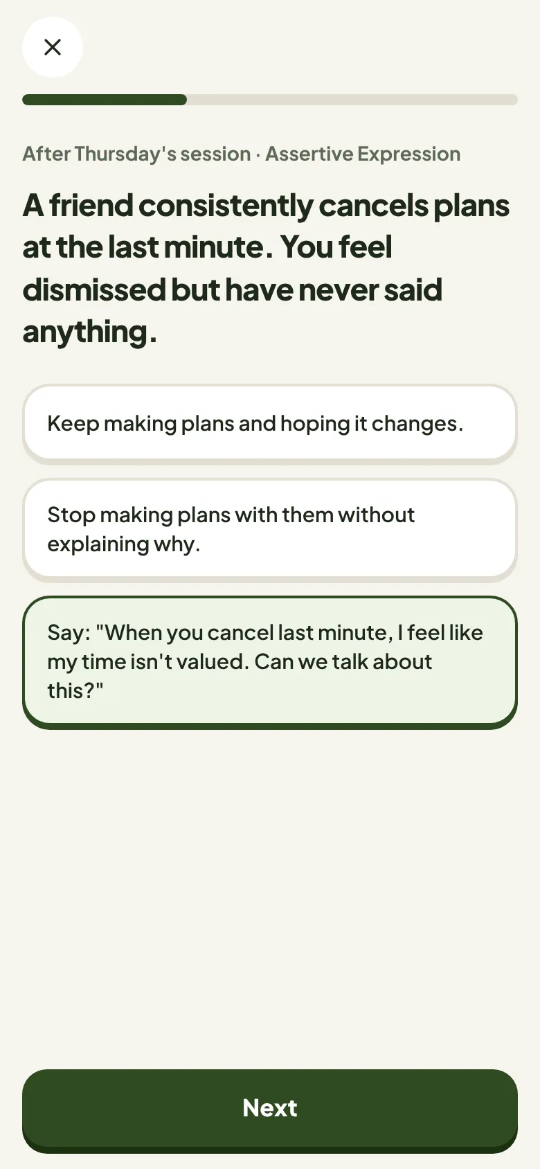 A question in the 2-minute check after a session