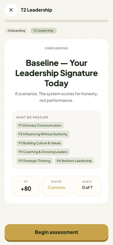 The leader's starting check in the Walnut app: the skills this programme measures
