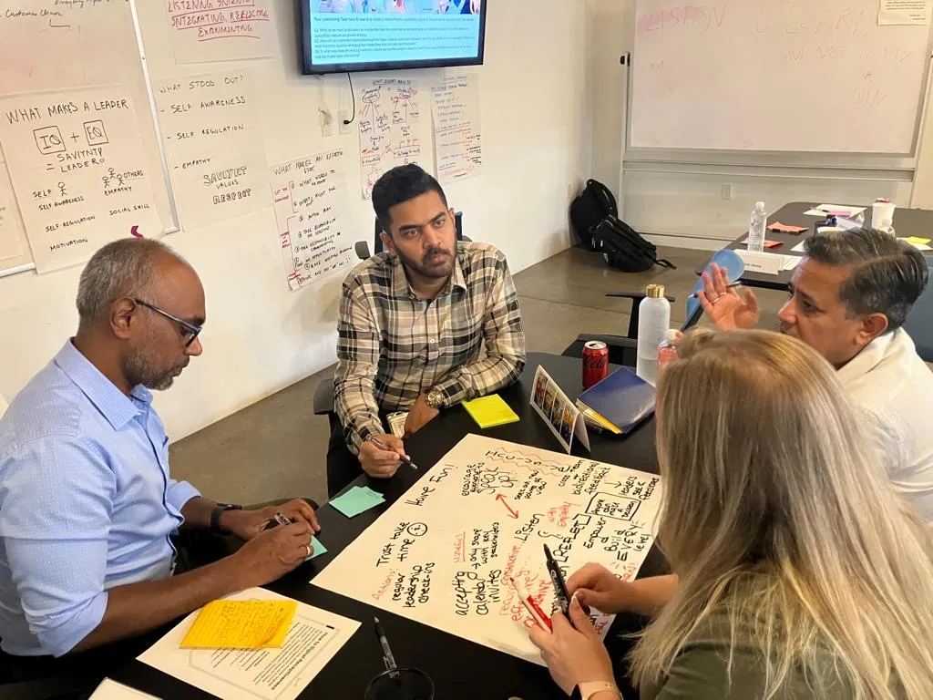 Team brainstorming session with whiteboards